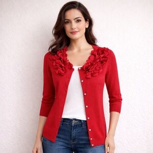 Cable & Gauge Red Cardigan Sweater with Floral Ruffle Trim Medium